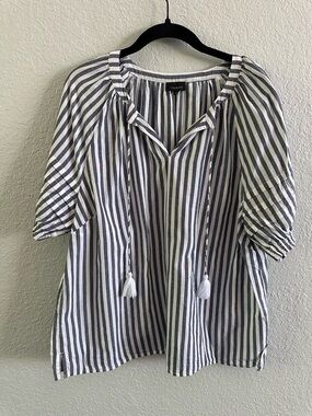 Talbots Striped Peasant Blouse Tassel Tie Neck Blue White Cotton Top XL